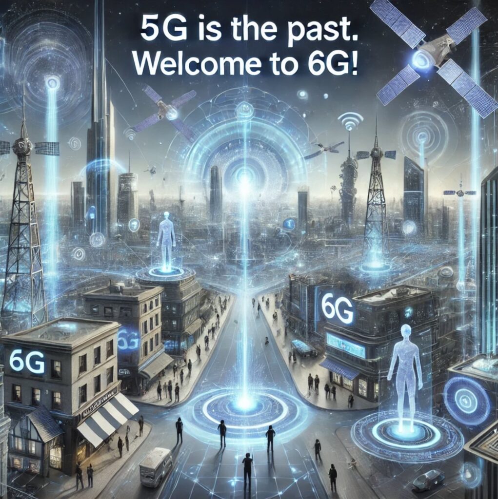 Pilt, mis sümboliseerib 6G-tehnoloogia tulekut ja selle võimalusi võrreldes 5G-ga. Pilt esindab futuristlikku keskkonda, kus uued tehnoloogiad, nagu ultra-kiire ühenduvus, autonoomsed seadmed ja holograafilised andmevood, muudavad linnad veelgi nutikamaks ja ühendatumaks.