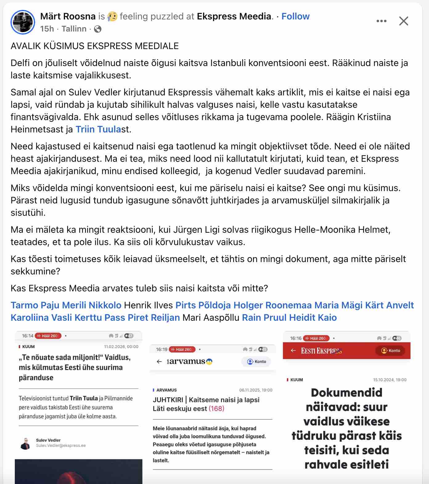 Märt Roosna avalik postitus Metas 13.02.2026 - avalik küsimus Eesti Ekspressile