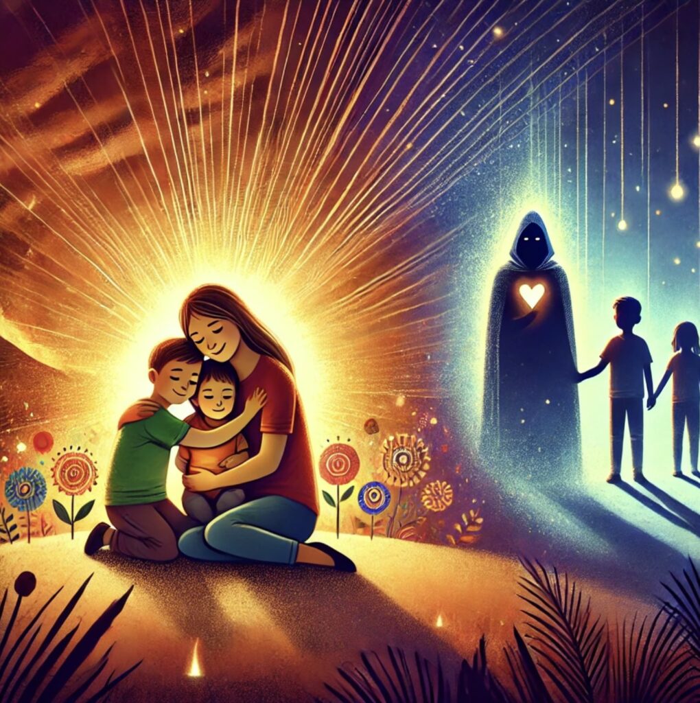 Pilt kujutab lapsi koos armastava emaga, kes neid hoiab ja kaitseb kurjuse eest. Kujutatud on turvaline ja rahulik keskkond, kus ema ja lapsed on ümbritsetud soojuse ja valgusega, sümboliseerides kaitset ja tingimusteta armastust.