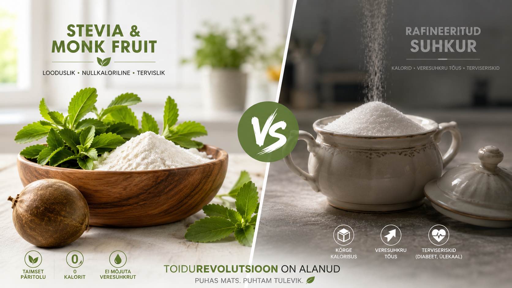 Tervislikud Stevia ja Monk Fruit magusained on tõrjumas suhkru toidulauast välja