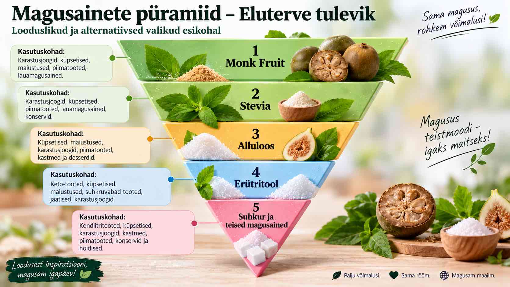 Tervsilik ja rakule vajalik magusainete püramiid - monk fruit - stevia - alluloos - golden stevia e-pood - Fonte.News