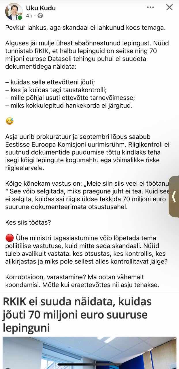 Uku Kudu arvamus tema facebook seinal