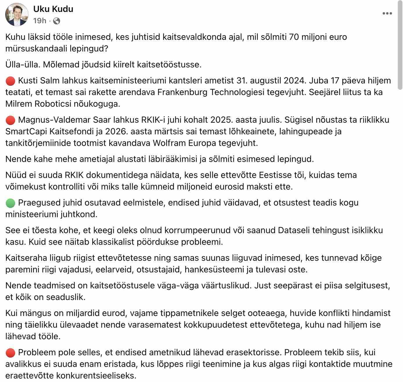 Uku Kudu facebook postitus 70 miljoni euro kaaperdajate kaasosalistest