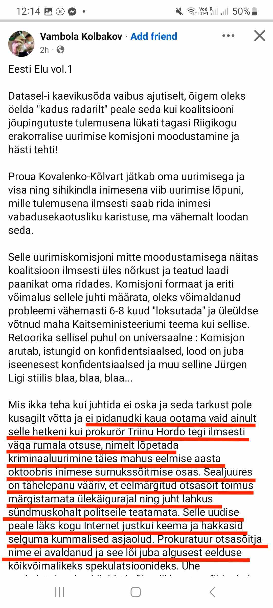 Vambola Kolbakov avaldas arvamust surmaga avarii põhjustaja varjamise kohta facebookis-Fonte.News
