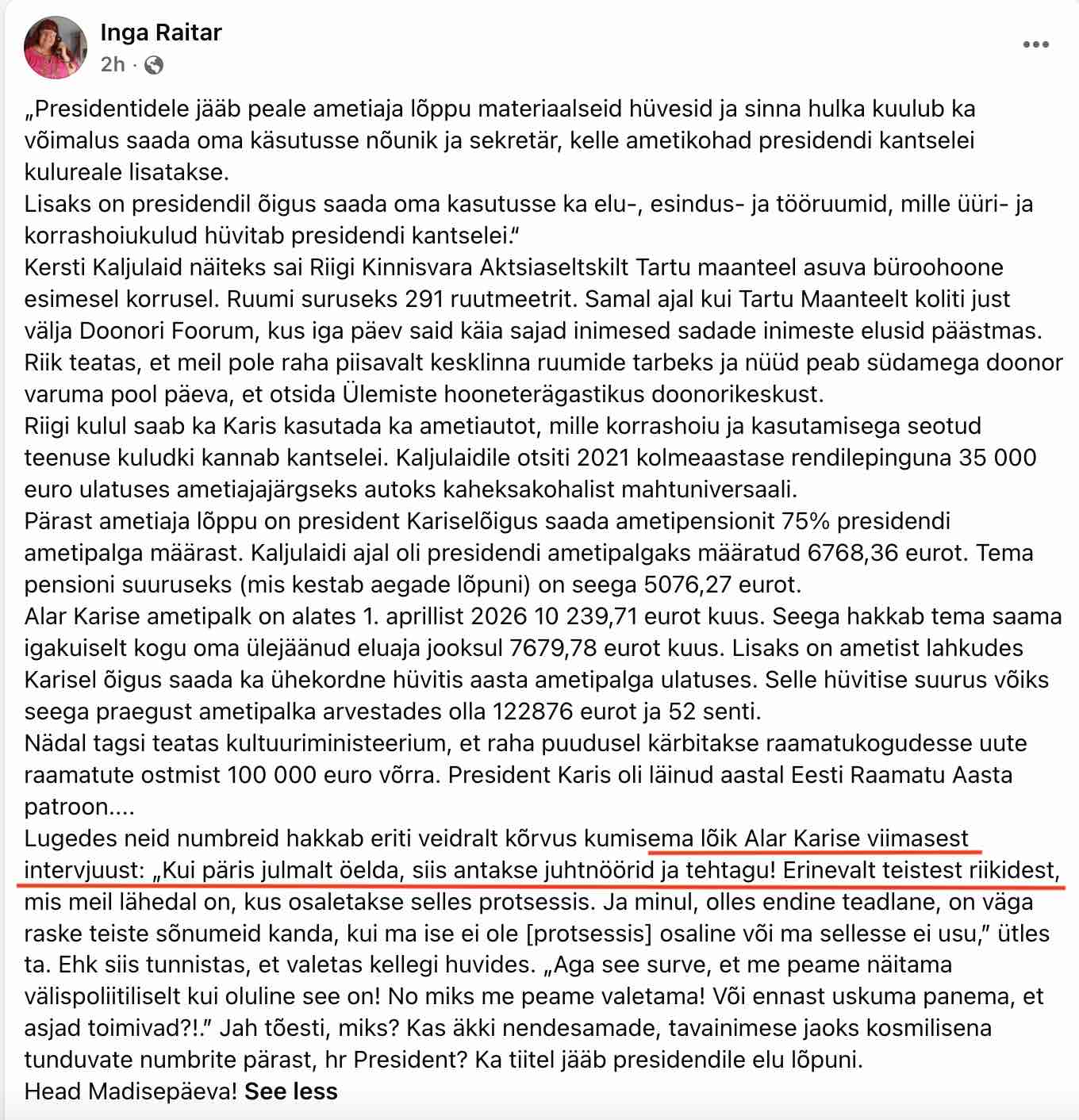 Inga Raitar kommentaar Alar Karise tasudest ja et ta täitis kellegi korraldusi-facebook-Fonte.News